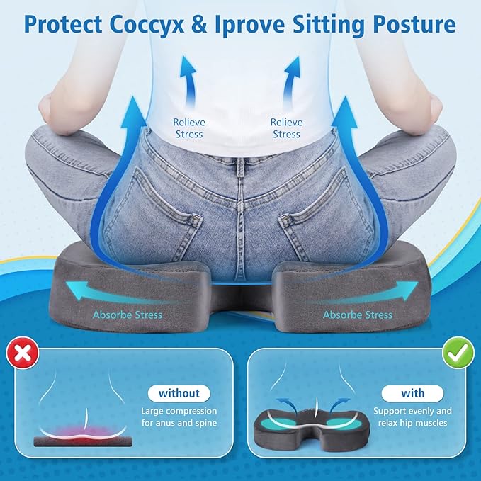 CloudBliss Gel Seat Cushion - Cooling Gel Enhanced, Memory Foam, Ergonomic Seat Cushion for Long Sitting for Office, Game, Car, Airplane (Large, Grey)