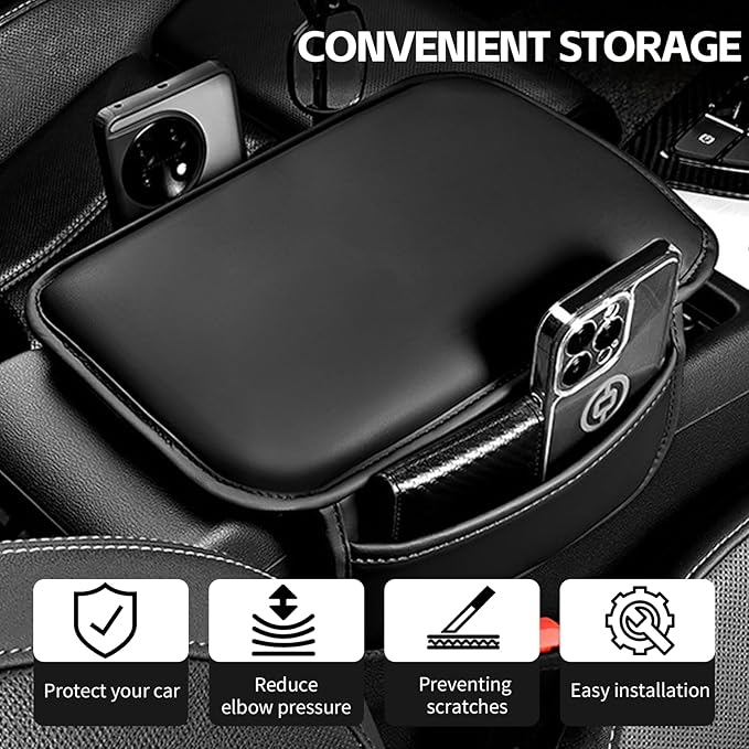 Car Center Console Cover, 11.6"×8.3" Leather Car Armrest Cushion Pad with 2 Storage Pockets, Comfortable Arm Rest Box Cover Mat for Most Vehicles, Universal Interior Accessories (Black)