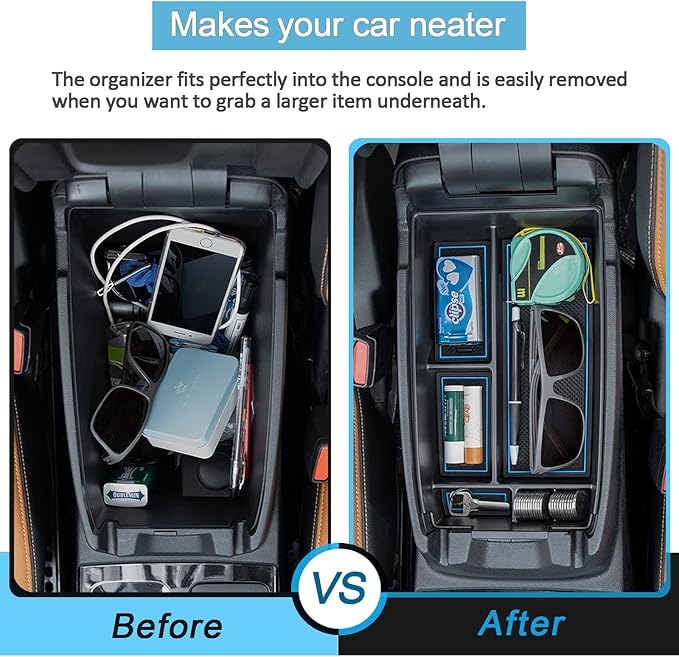 TOPINSTALL Blue Center Console Tray Compatible with Ford Escape 2020-2026 / Bronco Sport 2021-2025 Accessories, Long Compartment Storage Organizer Coin Container (Not for 2026 Sport)