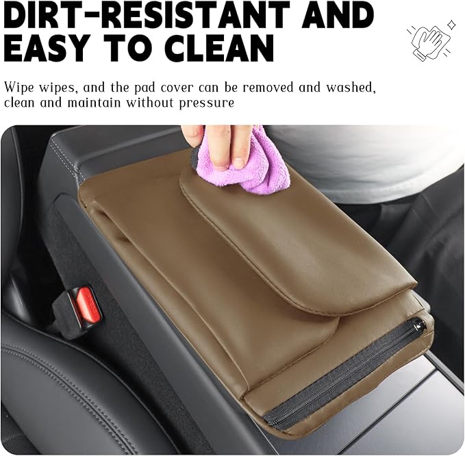Car Armrest Cover Pad - Nappa Leather Car Center Console Cover with Breathable Holes, Non-Slip Auto Arm Rest Cushion, Universal Car Interior Accessories Fit forTesla Model Y (Light Brown)