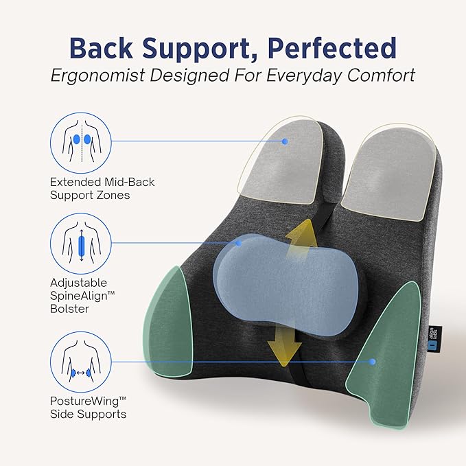Lumbar Support Pillow for Office Chair - Lower Back Pain Relief Cushion with Adjustable SpineAlign™ Bolster, Memory Foam Pillow for Car, Couch, Gaming Seats - Dual Straps, Dark Grey