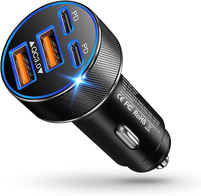 USB C Car Charger, Multi Port 90W Super Fast Charging Cigarette Lighter Adapter, 4-in-1 Dual USB-C & USB-A Car Phone Power Adapter for iPhone 17/16/15/Pro Max, iPad, Samsung Galaxy S25 (Black, 1-Pack)