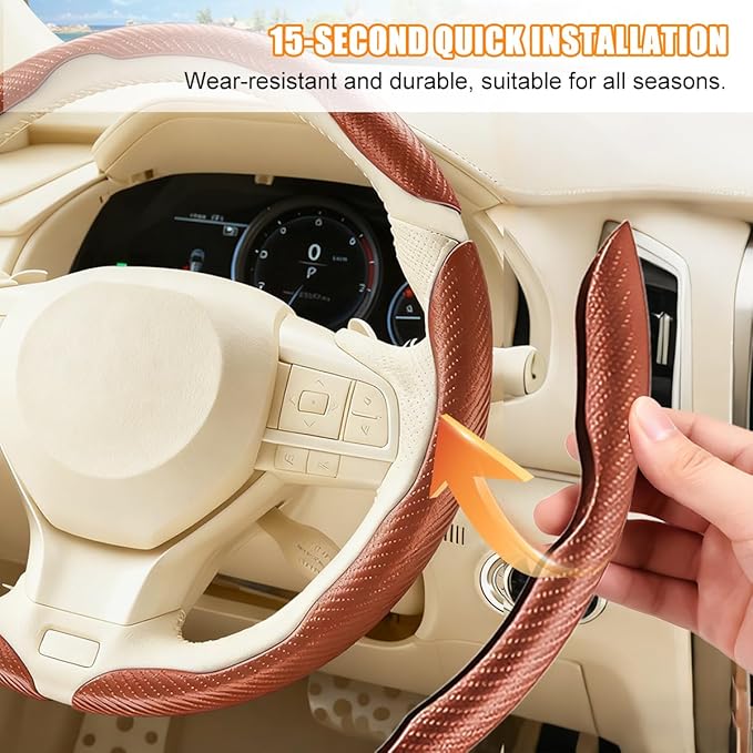 3PCS Carbon Fiber Car Steering Wheel Cover, Leather Segmented Anti-Skid Steering Wheel Protector, Snap on Automotive Interior Protection Accessories, Universal for Vehicles (Champagne)