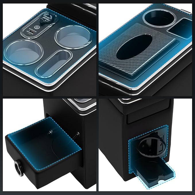Center Console Between Seat Organizer for Minivans,SUVs,with Dual USB Charging ,Cup Holders,tissue box, 7 Color ambient lighting and drawers for Minivan, Middle Van Floor Console Organizer Storage Box