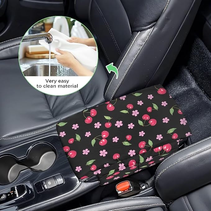 Dreaweet Cherry Print Arm Rest Cover for Car Women Black Thick Center Console Cover Pad with Pockets Cute Car Accessories Anti-Scratch Armrest Cover for Cars SUV Sedan