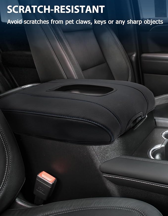 Center Console Armrest Cover for Chevy Silverado 1500 Accessories & GMC Sierra 2019-2026, Yukon & Tahoe & Suburban 2021-2026, Bucket Seat, PU Leather Middle Console Lid Cover Pad, Black-Blue Stitch