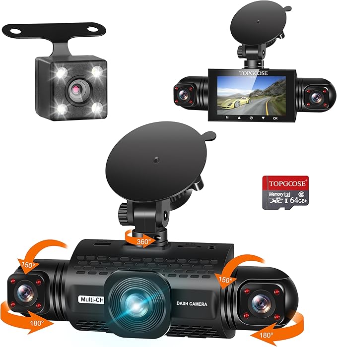 360 Degree View 4 Channel Dash Cam Front and Rear Inside Left Right, TOPGOOSE Dash Camera for Cars FHD 1080P,Free 64GB Card,Multi-Ch Dash Camera for Cars,Black Box Trafflc Recorder,G-Sensor