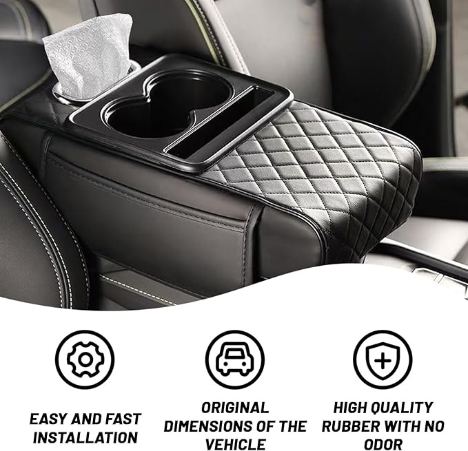 Car Armrest Cushion, 5 in 1 Center Console Cover with 2 Cup Holders, Phone Holder, Tissue Holder, Storage Bag, Multifunctional Leather Heightened Car Armrest Cushion for Most Cars（Black