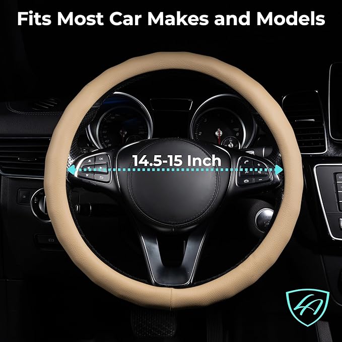 Lord Autofashion Steering Wheel Cover – PU Leather, Non-Slip Rubber Inner, All-Season Comfort – 14.5–15 Inch (Beige 8399)