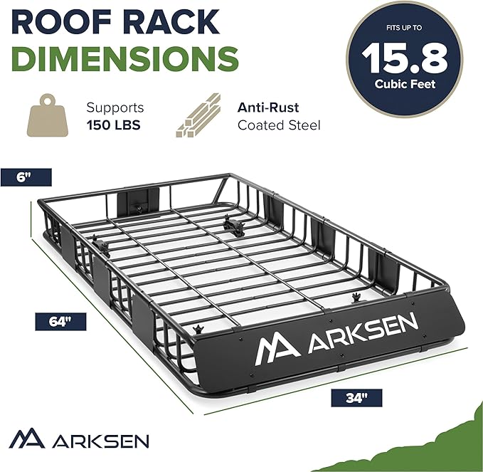 ARKSEN 64 x 34 x 6 Inch Universal Roof Rack with Extension, Cargo Net, 2 Straps, 150 LBS Heavy Duty Capacity Rooftop Cargo Basket for SUV, Truck, RV, Pickup