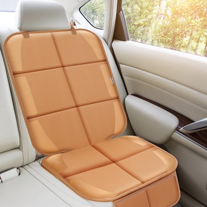 Meolsaek Car Seat Protector for Child Car Seat, Durable 600D Fabric Waterproof Car Seat Cover with Thick Pad Non-Slip Backing，No Imprints (Tan-2 pcs)