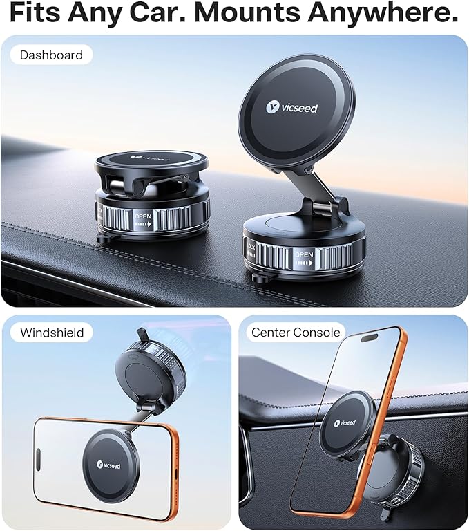 VICSEED Ultimate for Magsafe Car Mount [98+LBS Strongest Suction] 360° Vacuum Magnetic Phone Holders for Your Car Metal Arm Foldable Cellphone Mount for iPhone 17 16 15 14 13 12 Pro Max Air Android