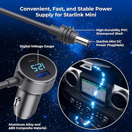 Starlink Mini Cable, 3 in 1 Starlink Mini Car Charger DC Power Cable+ Cigarette Lighter Adapter 12V-48V with Digital Display, Durable USB C PD 40W and USB A 35W Ports for Trucks and Cars (16.4FT)