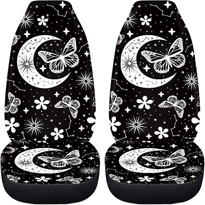BIGCARJOB Moon Butterfly Car Seat Cover Set for Front Seat Only,2 Pack Black Butterfly Auto Front Seat Protector Saddle Blanket for Women Car Interior Accessories