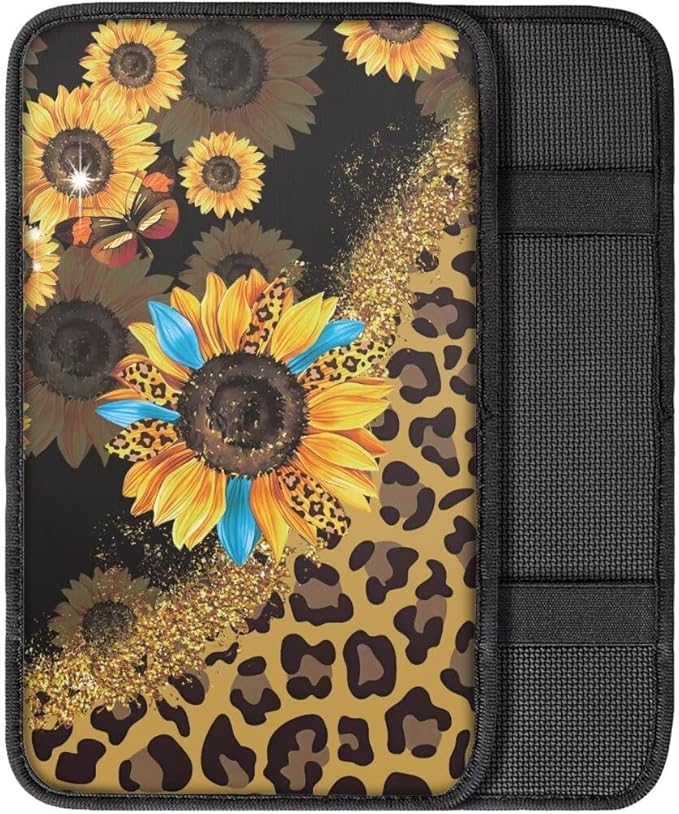 Coldinair Sunflower Leopard Print Car Armrest Cover,Auto Center Console Pad,Soft Seat Box Cover Protector Cushion,Car Accessories Decor for Most Cars,Sedan,Truck,SUV