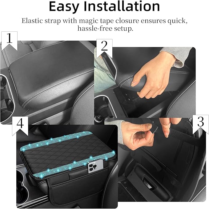 NBTEPEM Bling Car Center Console Cover, Leather Car Arm Rest Cover Cushion with 2 Storage Bags, Universal Auto Armrest Protector Storage Box, Bling Accessories Interior for Most Vehicles (Aquamarine)