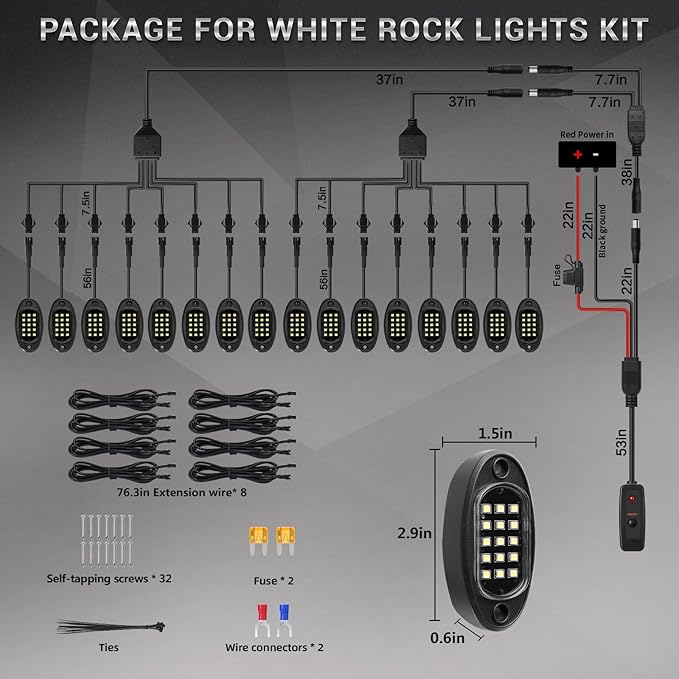 16 Pods Pure White LED Rock Lights with Extension Wires, IP67 Waterproof 6500K Super Bright White Underglow Kit for Semi Truck Sedans Trailer Offroad Pickup RV Underbody Under Car Lighting