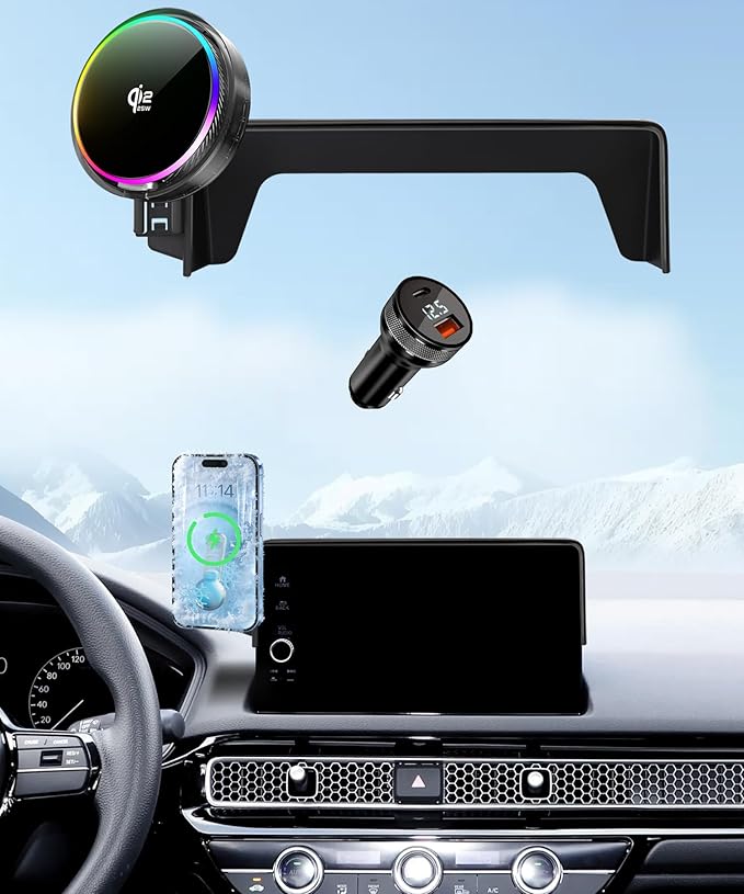 Qi2.2 Magnetic 25W Car Mount Charger for Honda Civic 2022-2026/Acura Integra 2023-2025 Accessories 7/9 Inch Screen Fixed Clip Cell Phone Holder with Cooling Fan＆54W Fast Adapter