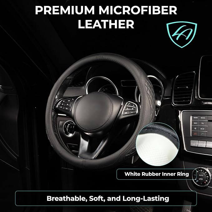 Lord Autofashion Steering Wheel Cover – PU Leather, Non-Slip Rubber Inner, All-Season Comfort – 14.5–15 Inch (Black 9366)
