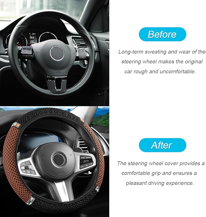 Bling Car Steering Wheel Cover, 15 Inch Crystal Rhinestones Elastic Stretch Breathable Vehicle Steering Wheel Protector for Women Girls, Universal Auto Interior Accessories (Black Coffee)