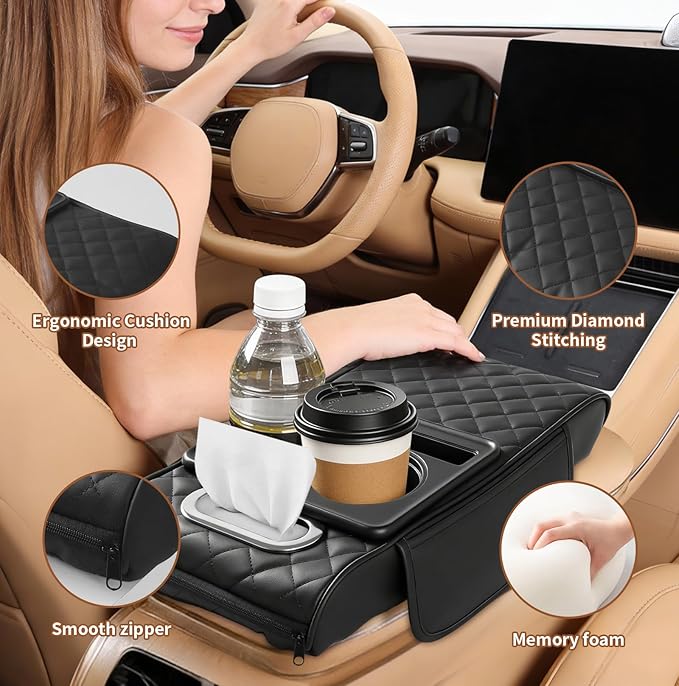 5-in-1 Center Console Cover for Car, Universal Armrest Cover Cushion, Upgrade Arm Rest Cover for Car with Cup Holder & Storage, PVC Leather Armrest Pad with Phone Slot & Tissue Holder, Black