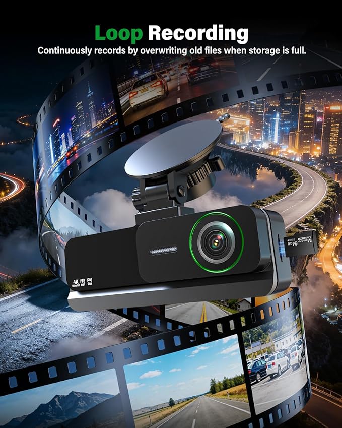 4K+2.5K+2.5K 3 Channel Dash Cam - Front/Rear/Inside - 5.8GHz WiFi 6 Dashcam with IR Night Vision, 64GB Card, 24H Parking Mode, G-Sensor - Car Dash Cam for Rideshare & Taxi