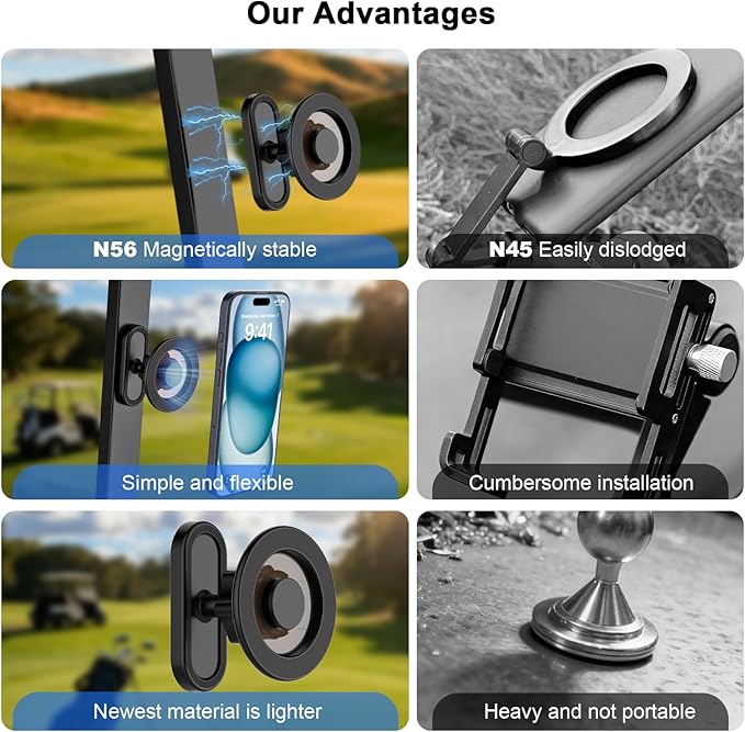 Magnetic N56 Golf Cart Phone Holder, Compatible with MagSafe iPhone 17/16/15/14/13 Pro/Max/Plus & Android, Fits EZGO Club Car Yamaha Icon, Golf Cart Accessories & Golf Gifts for Men, Women, Golfers