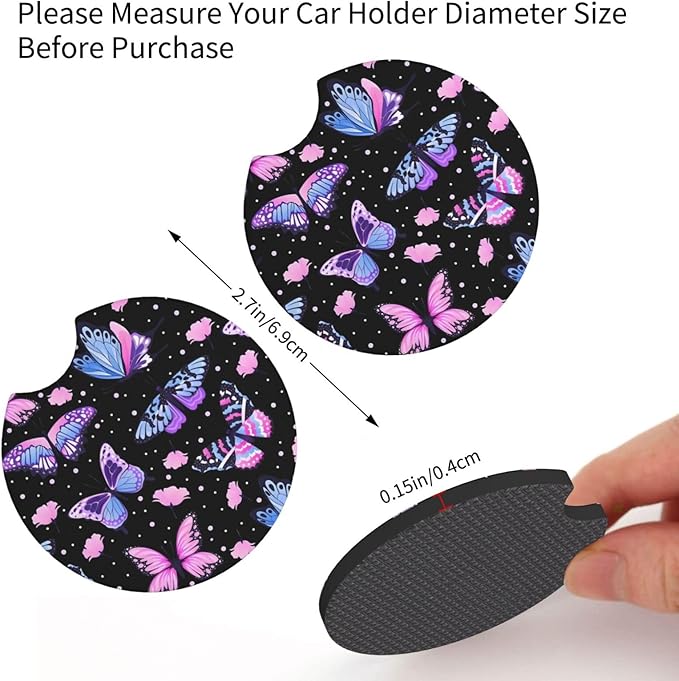 Purple Butterfly Steering Wheel Cover - Beauty Butterfly Wheel Cover Anti-Slip Breathable Universal for 15 Inch Car Steering Wheel Cover with 2 Pieces Car Coasters Suitable for Men Women