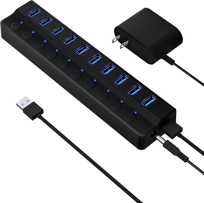 ONFINIO Powered USB Hub 3.0, 10-Port USB Splitter Hub with Individual On/Off Switches and 12V/2A Power Adapter USB Extension