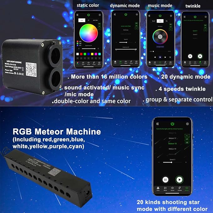 AZIMOM Dual Color 20w Twinkle Fiber Optic Starlight Headliner Kits Mixed 860pcs13.1ft, RGB Meteor Shooting Star, Sound Activated Remote APP Control Home Car Ceiling Décor