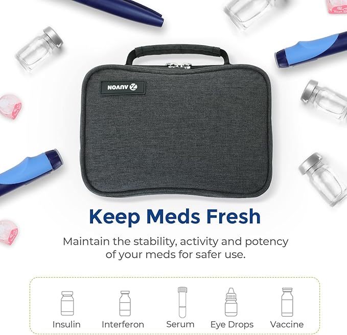 AUVON Insulin Cooler Travel Case with 4 × 160g Ice Packs for Longer Cooling Effect, TSA-Approved Medication Cooler Bag for 8 Insulin Pens & Diabetic Supplies, Portable Handle for Diabetic Travelers