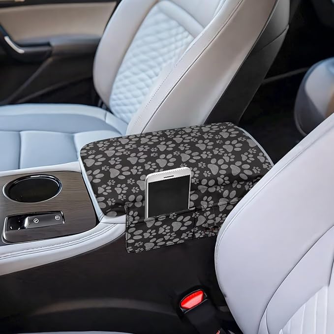 Dreaweet Grey Dog Paw Center Console Armrest Pad Cover Thick Center Console Cover with Pockets Cute Car Accessories for Women Soft Anti-Scratch Arm Rest Cover for Car Center Console Universal Fit