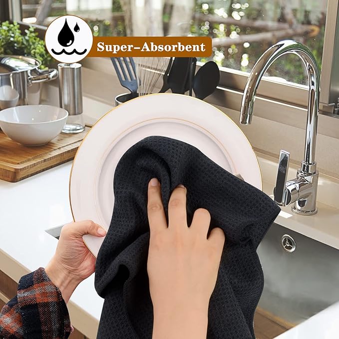 VIVOTE Microfiber Kitchen Dish Towels Waffle Weave Super Soft & Absorbent Tea Towels, Dish Cloths for Kitchen 3 Pack Black 16 x 22 Inch