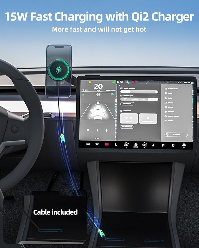 for Qi2 15W Tesla Magsafe Charger [Heat Restriction], Tesla Phone Mount Charger for Model Y/3 Screen[Stable Metal Holder], Wireless Fast Charging for iPhone 17 to 12 Series with 40″ C-C Cable