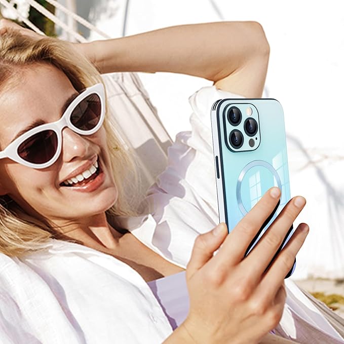 Guppy Compatible with iPhone 13 Pro Max Case Magnetic, with Full Camera Lens Protector [Compatible with MagSafe] Scratch Resistant Gradient Glass Back Cover Phone Case-Blue