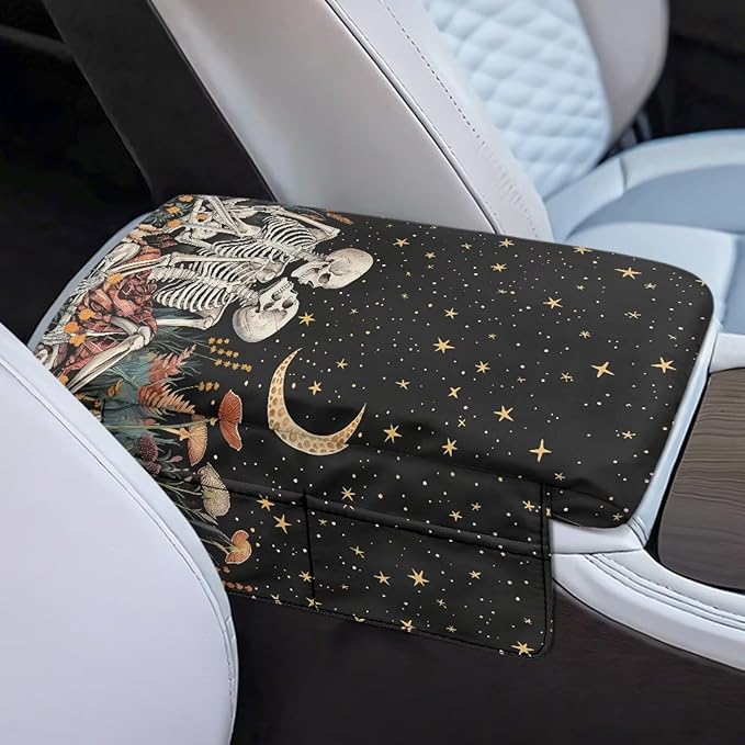 Tupalatus Skull Car Console Cover Car Accessories Mushroom Decor Armrest Cushion Cover Pad Water-Resistant Soft Comfy Armrest Covers Universal Fit for Cars SUV Pick-up Truck