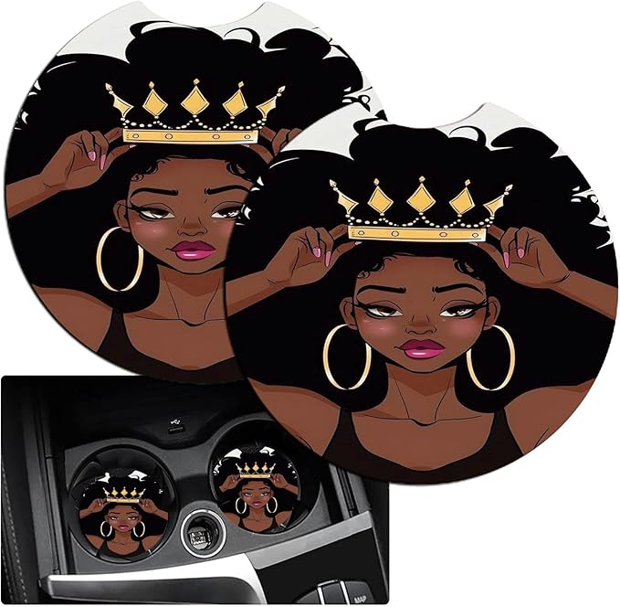 Car Armrest Cover Pads Universal Fashion Cute Auto Center Console Armrest Cover Pad with 2PCS Car Coasters Soft Waterproof Car Armrest Seat Protector for Women, African Black Girl