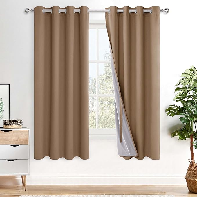 XWZO 100% Blackout Curtains with Tiebacks- 2 Thick Layers Completely Shaded Window Treatment Thermal Insulated Lined Drapes with Grommets for Bedroom/Patio Door, Cappuccino, W52 x L63, Set of 2