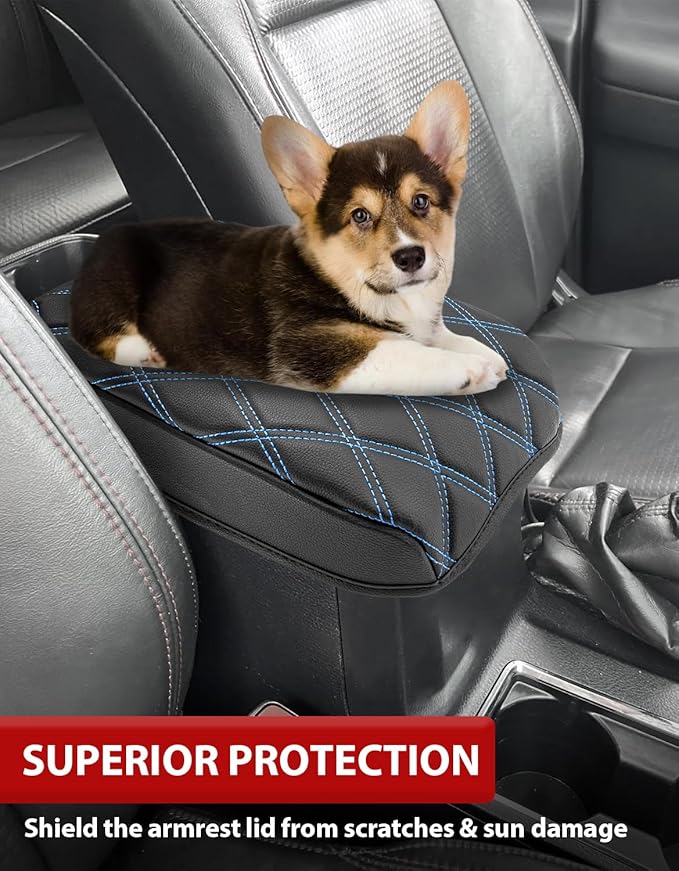 Center Console Armrest Cover for Toyota Tacoma 2016-2023, Middle Console Cushion Pad, Arm Rest Lid Covering, Vinyl Leather Interior Accessories, Black-Blue Stitches