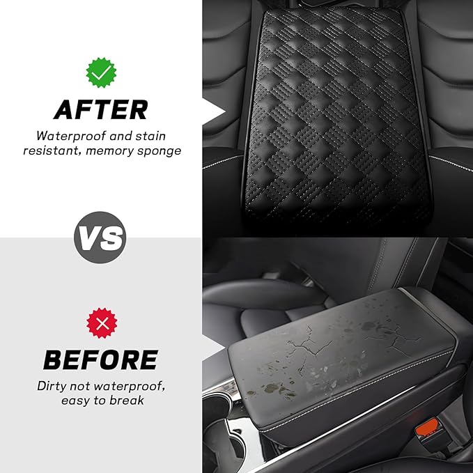 Car Armrest Cushion, 12.2"×8.3" Leather Auto Memory Foam Center Console Pad with Storage Pocket, Waterproof & Anti-Scratch Elbow Pillow Armrest Seat Box Protector, Universal Fit (Black)