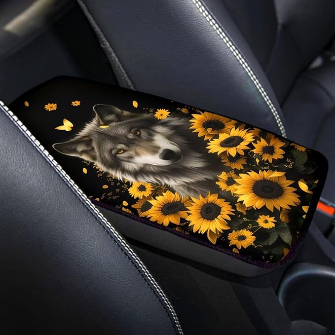 Wolf Sunflower Print Car Center Console Armrest Cover Scratch Proof Neoprene Armrest Cover Pad for Truck Sedan SUV, Universal Car Interior Decor Accessories