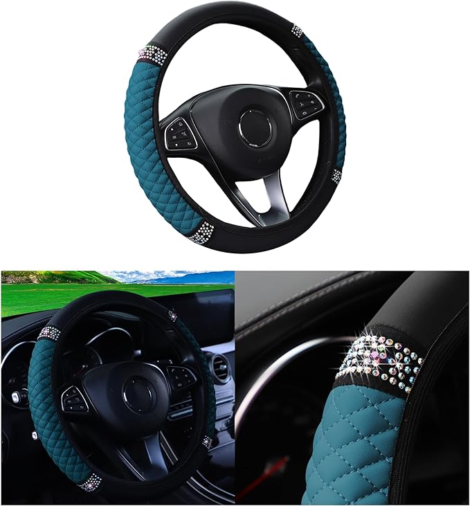 Bling Car Steering Wheel Cover, 15 Inch Rhinestones Soft Leather Elastic Steering Wheel Protector, Sparkly Crystal Diamond for Women Girls, Car Interior Accessories for Most Cars (Dark Green)