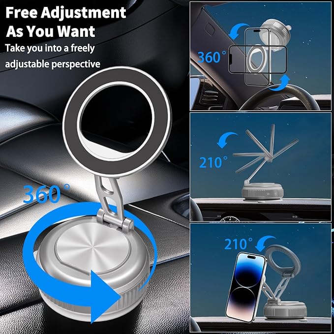 JKSML Magnetic Car Phone Holder [98LBS Strongest Suction & 2800gf Magnetic] 360° Adjustable Foldable Car Mount for Magsafe, Versatile for Car/Gym/Mirror Mount/Daily Stand, for iPhone&Android, Sliver