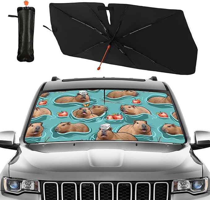 Cute Capybara Print Car Sunshade Umbrella Capybaras Windshield Sun Shade for Car Retractable Umbrella Sunshades for Front Window Cute Sun Shades Cover Visor Portector Block UV Rays