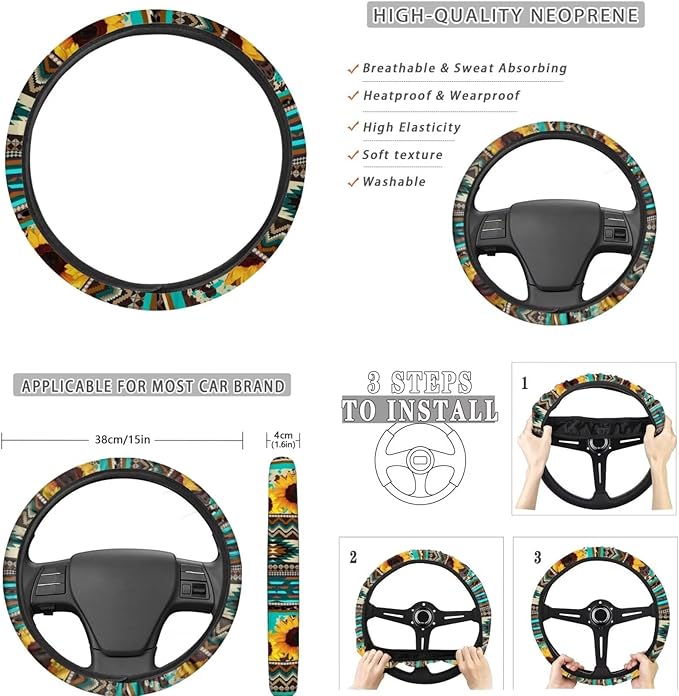 FKELYI Aztec Sunflower Car Seat Covers Full Set - Headrest, Steering Wheel Protector, Handbrake & Gear Shifter Covers, Cup Coasters