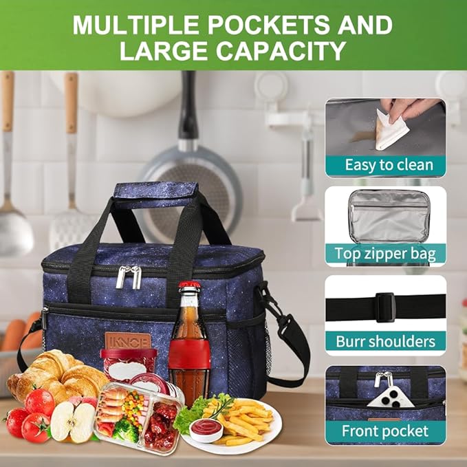 iknoe Insulated Lunch Bag, Foldable 8.5L Cooler Bag for Men & Women, Leakproof Thermal Design, Great for Office, Picnic, Travel, Lunch Box, Galaxy