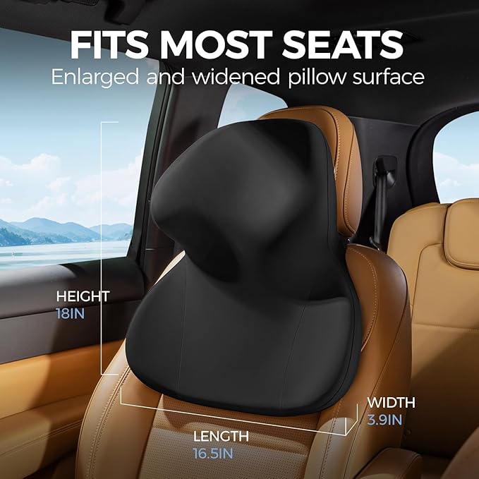BEBAS Car Headrest Pillow, Ergonomic Neck Pillow with Memory Foam, Enlarged Surface for Head Neck Shoulder Support, Breathable Removeable Car Seat Pillow for Pain Relief(Black, 1 Pack)