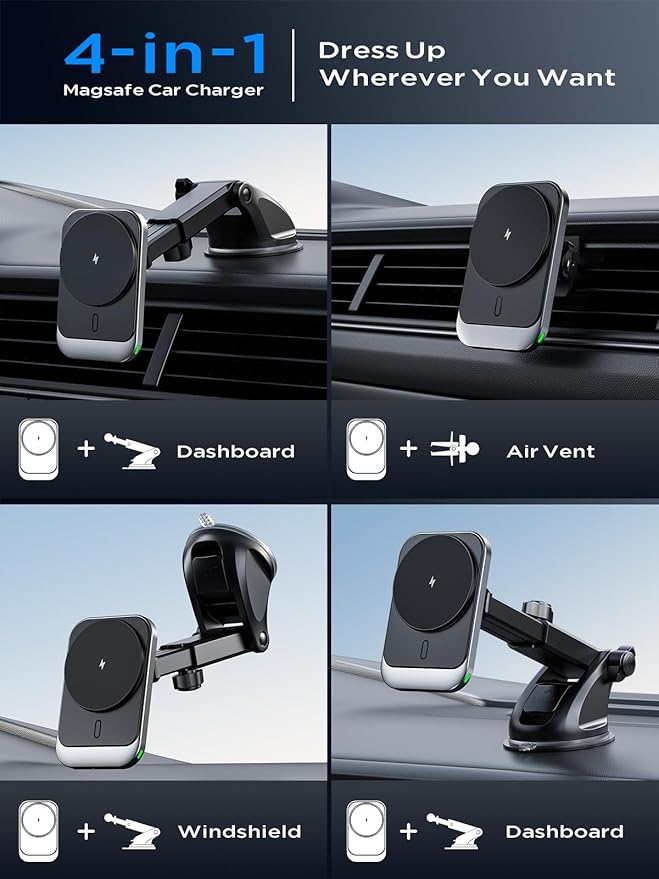 Hinyx for MagSafe Car Mount Charger, 15W Magnetic Wireless Car Charger Vent Dash Charging Phone Holder Mount for iPhone 15 14 13 12 11 Pro Max Plus Mini Xr Xs, Samsung, Google, LG, etc