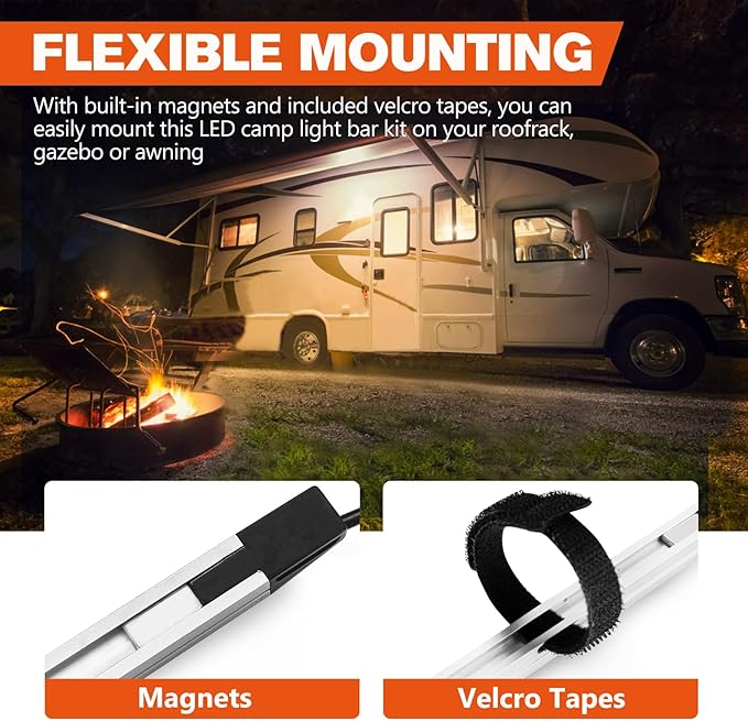 FIERYRED 2PCS 12V Dimmable LED Camping Light Bars IP67 Waterproof & Dustproof, Built-in Magnets & Velcro Mount, Aluminum Lighting Kit for Tent, RV, Awning, Roof Rack, Vehicle, Amber