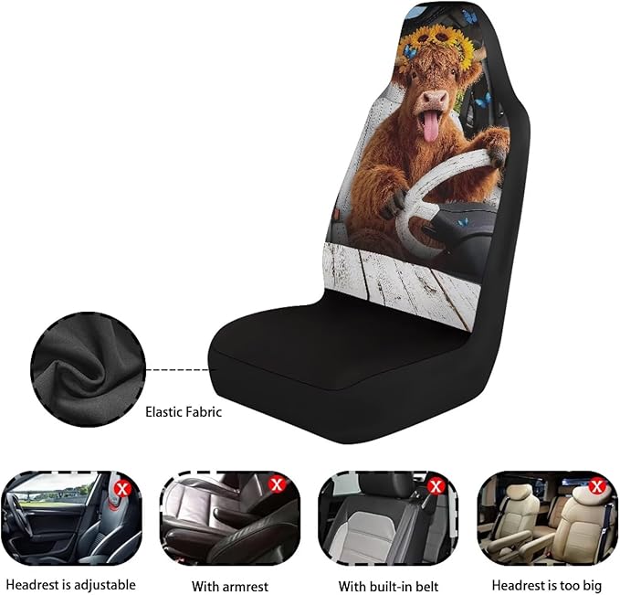 Highland Cow Car Front Seat Covers Set of 2 Nonslip Car Seat Covers Front Seats Only Stretch Polyester Fabric Cover Cars Seats Covers Protector for Cars Sedans SUVs